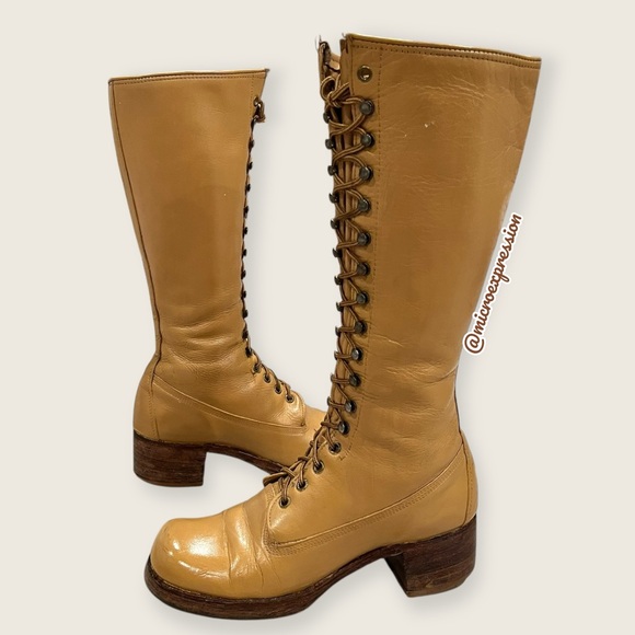 1960 VINTAGE Frye Campus Lug Lace Up Yellow Tan Banana Vintage Leather Tall Boot - Picture 5 of 15